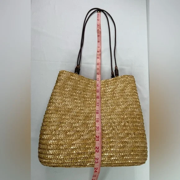 Straw Tan Woven Handbag Beaded Straps - Picture 5 of 7